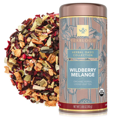 Teabloom Organic Herbal Tea, Wildberry Mélange Loose Leaf Tea, Berry Flavor Herbal Tea, USDA Organic Certified and Kosher Certified Fruit Tea Blend, 3.88 oz/110 g Canister Makes 35-50 Cups