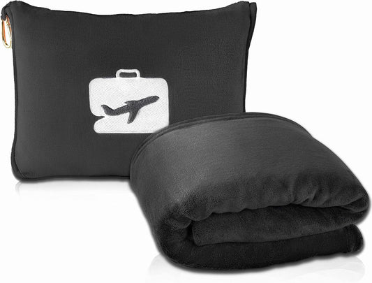EverSnug Travel Blanket and Pillow - Premium Soft 2 in 1 Airplane Blanket with Soft Bag Pillowcase, Hand Luggage Sleeve and Backpack Clip (Grey)