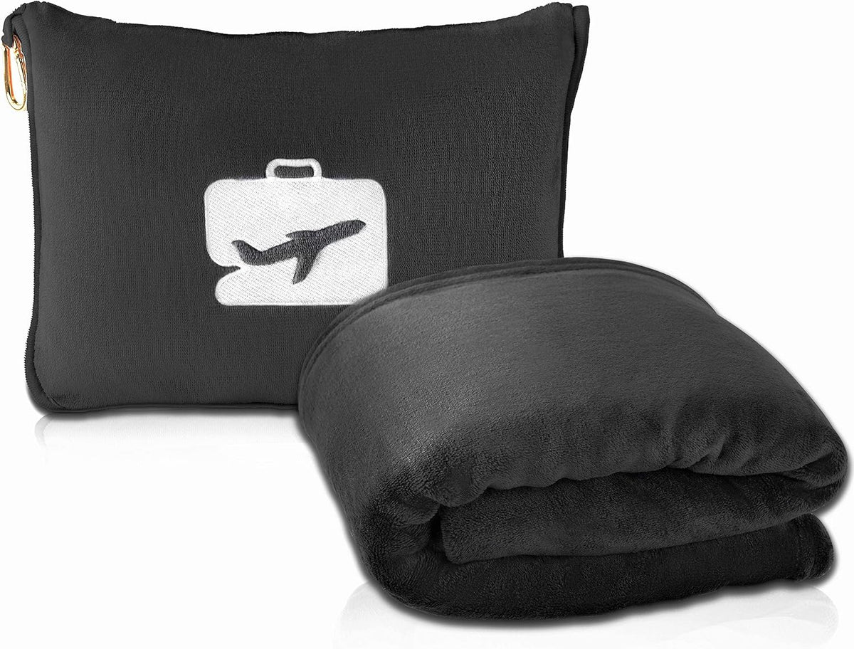 EverSnug Travel Blanket and Pillow - Premium Soft 2 in 1 Airplane Blanket with Soft Bag Pillowcase, Hand Luggage Sleeve and Backpack Clip (Grey)
