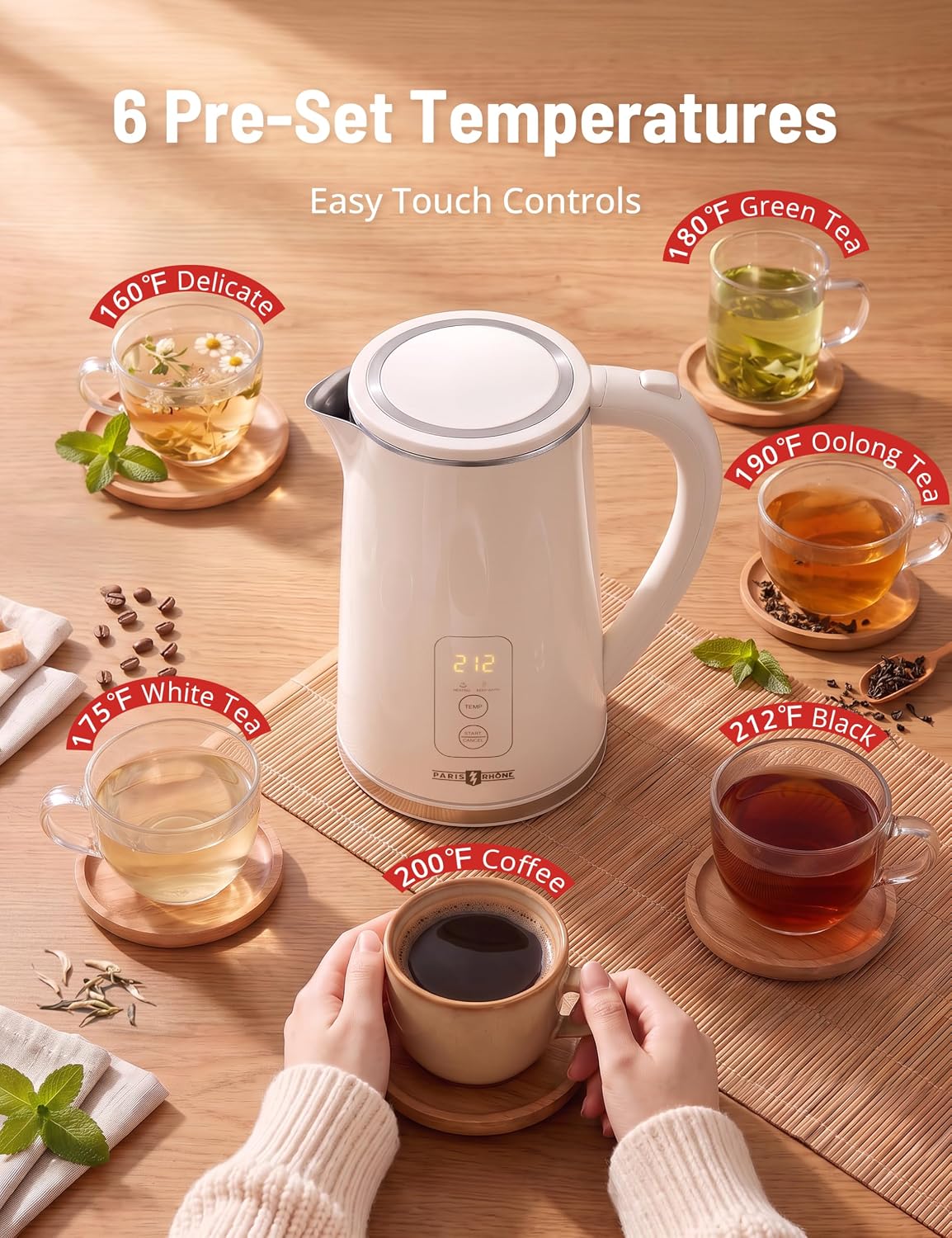 Electric Kettle Temperature Control, 1.7L Extra Large Electric Tea Kettle, 4H Keep Warm Hot Water Kettle with 6 Presets, LED Screen Electric Kettles for Family Meal Party Office Break Room