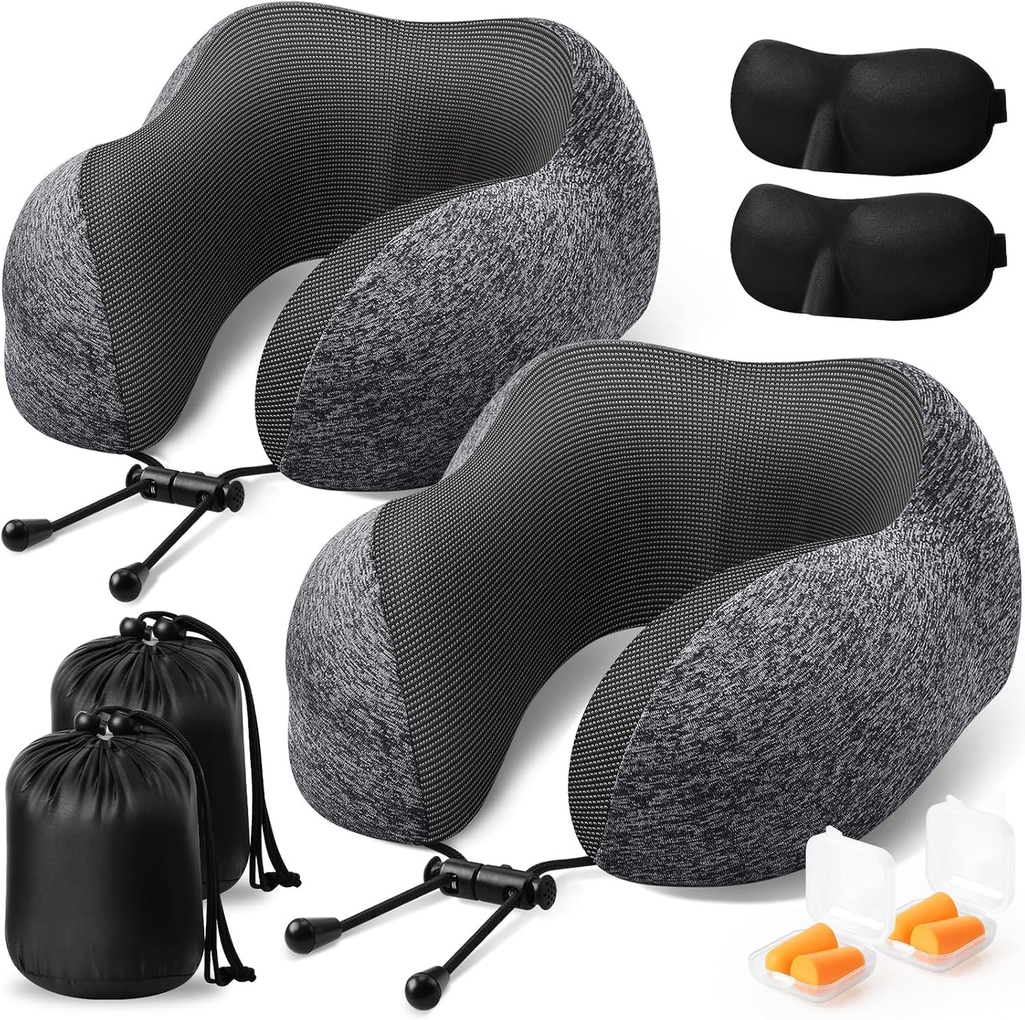 ExploreBliss Travel Pillow, Travel Pillows for Sleeping Airplane, Neck Pillow Airplane, Memory Foam Neck Pillow Set with Eye Mask, Earplugs and Storage Bag -Grey