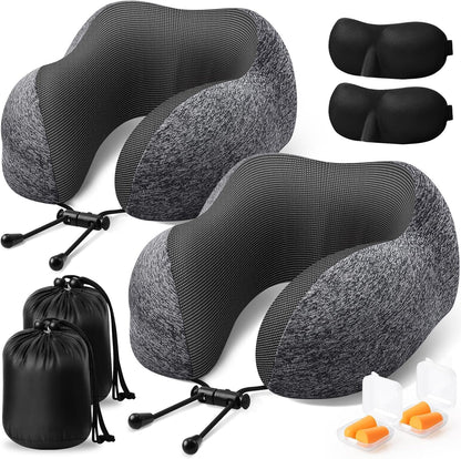 ExploreBliss Travel Pillow, Travel Pillows for Sleeping Airplane, Neck Pillow Airplane, Memory Foam Neck Pillow Set with Eye Mask, Earplugs and Storage Bag -Grey