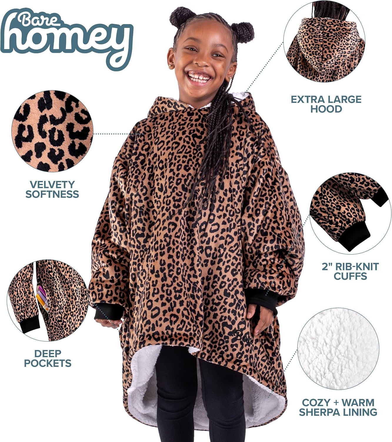 Bare Home Wearable Blanket Hoodie - Soft Plush Sherpa - Warm and Cozy - Oversized Wearable Blanket