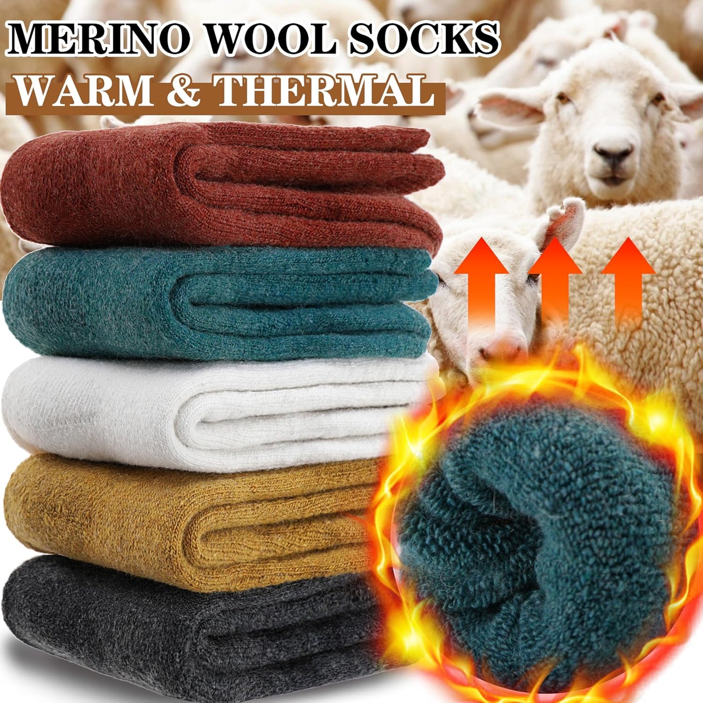 MOGGEI 5 Pairs Womens Merino Wool Socks Hiking Warm Winter Thick Thermal Crew Cozy Cabin Ladies Gift Comfy Boot Work Socks