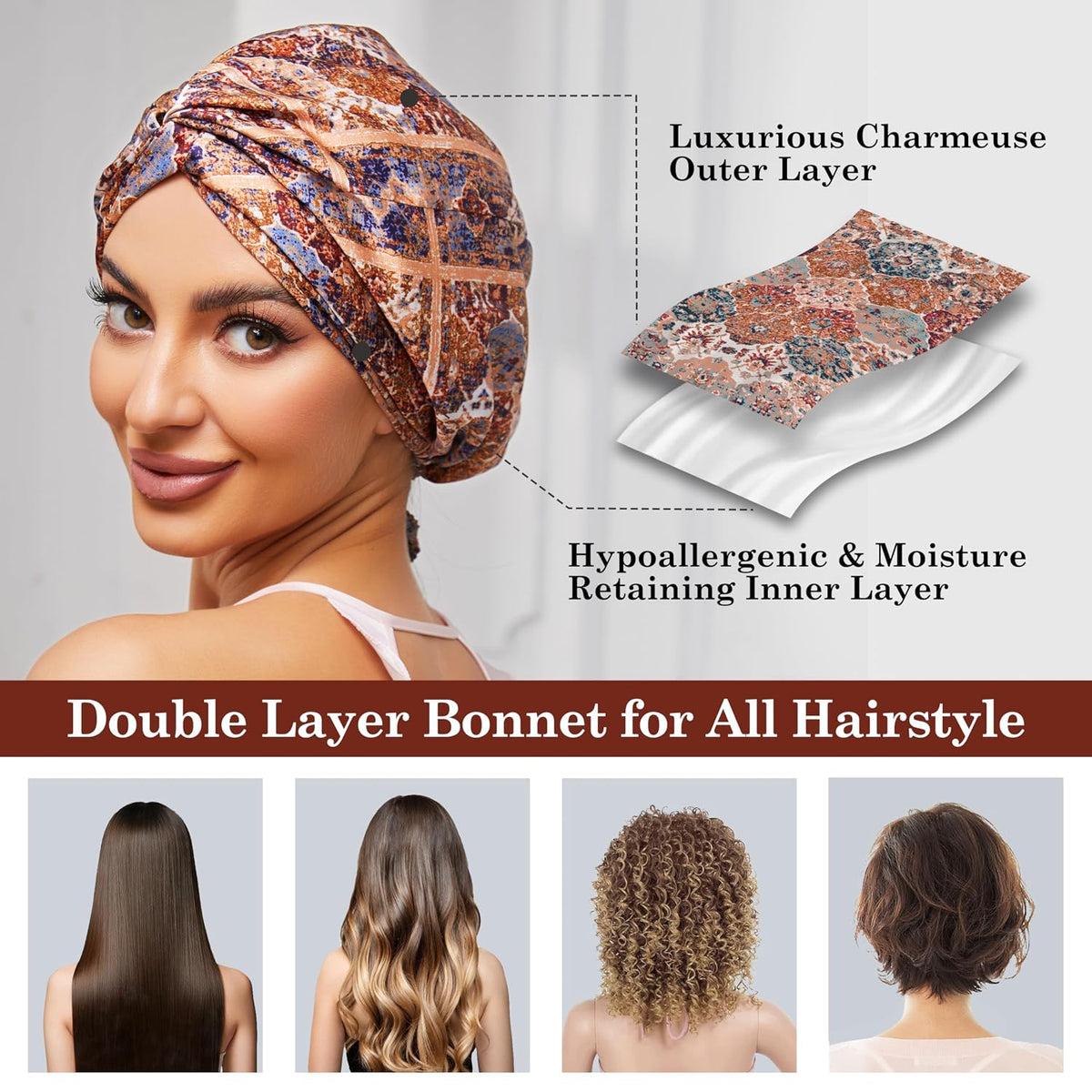 Adjustable Silk Bonnet Satin Curly Hair Wrap for Sleeping Women Anti Frizz
