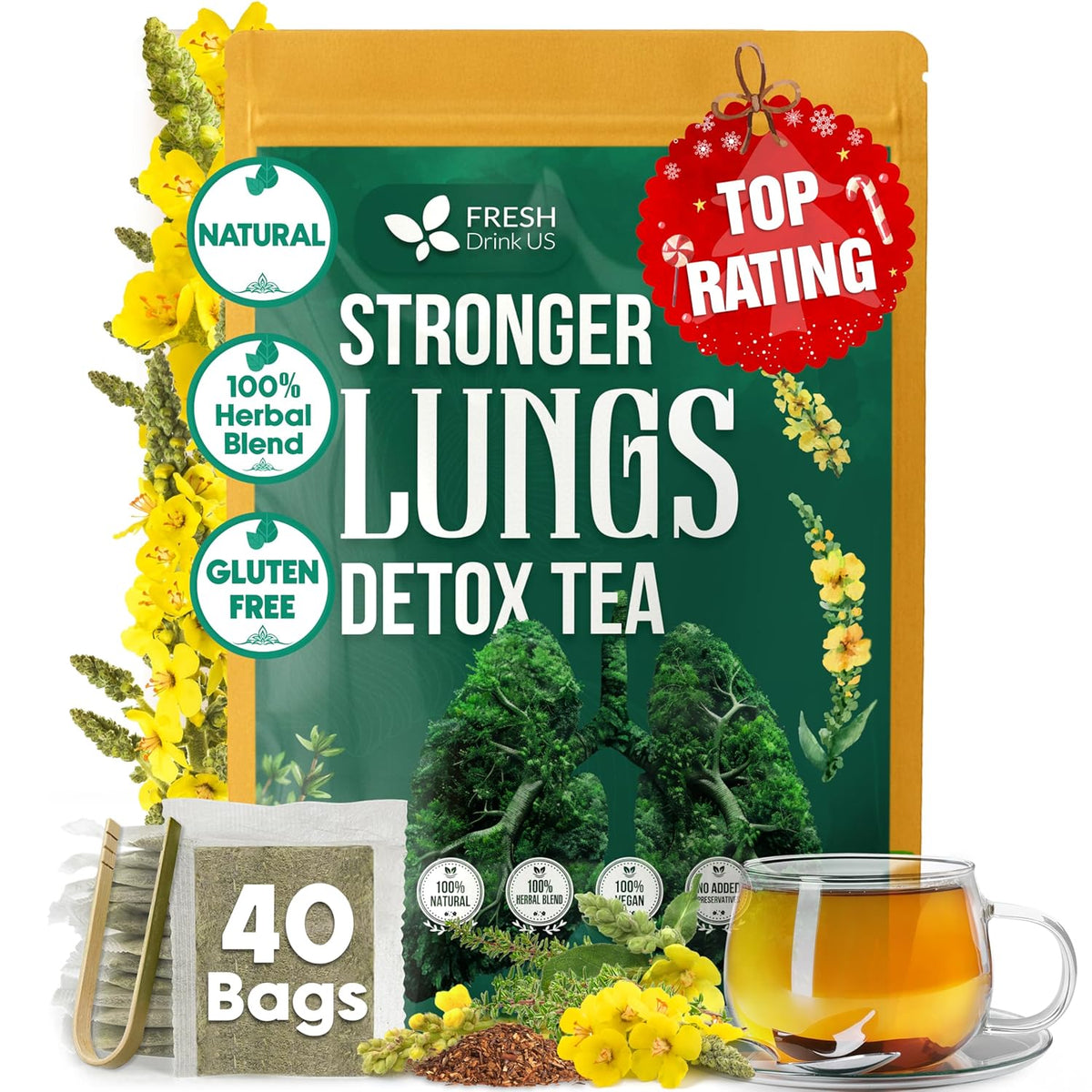 FreshDrinkUS, StrongerLungs 40 Tea Bags - Mullein Leaf, Ginseng, Elderberry, Ginger & Thyme - Supports Lung Cleanse, Congestion Relief & Mucus Detox - Caffeine-Free & All-Natural