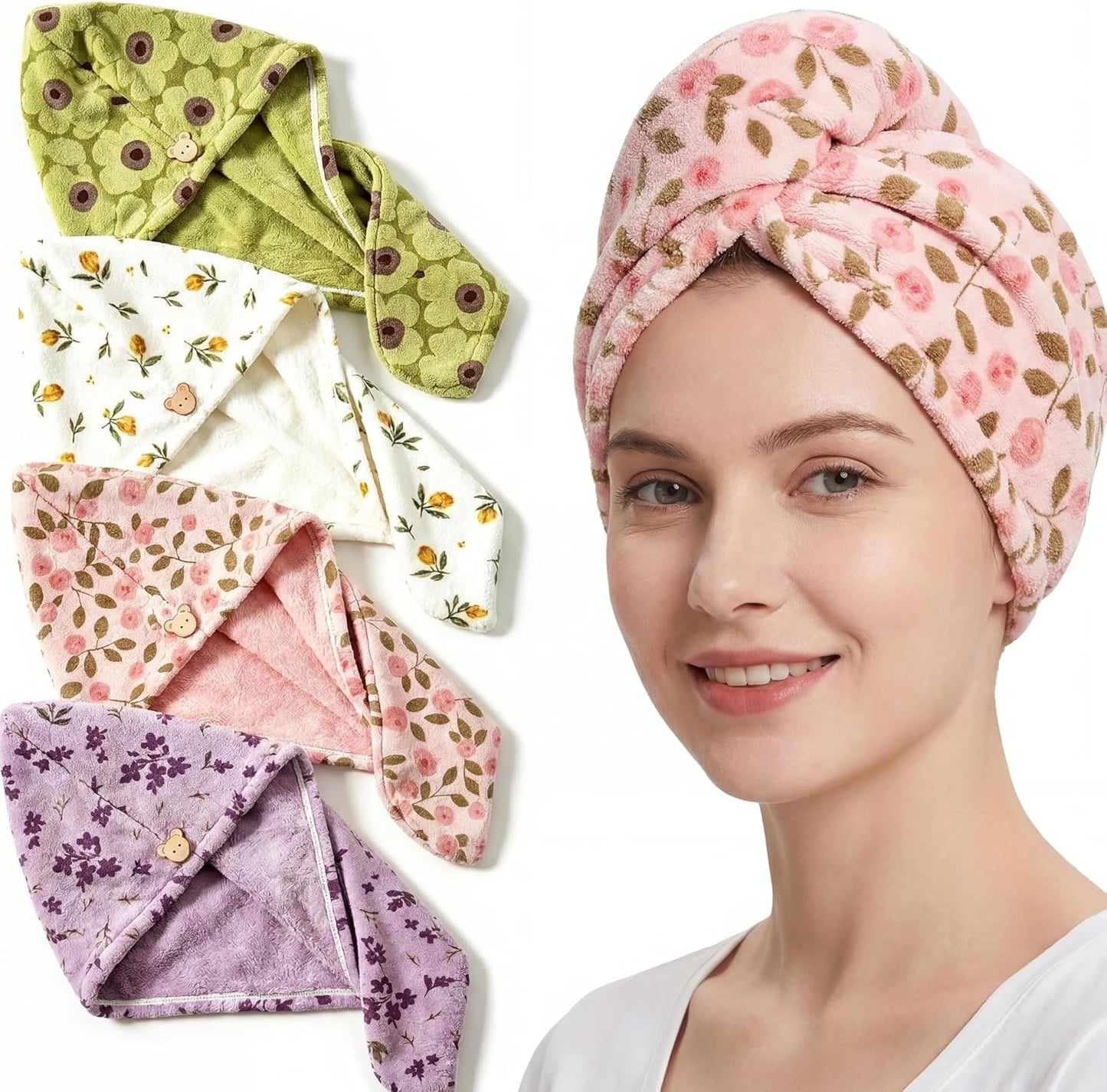 Microfiber Hair Towel Wrap, 4 Pack Floral Fast Drying Hair Towels for Women, Soft Lightweight Quick Dry Turban for Curly & Long Hair, Coral Fleece Hair Towel Wrap Set