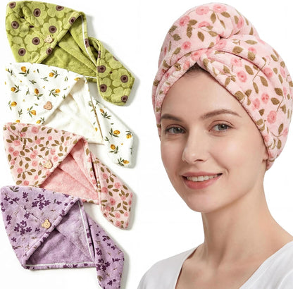 Microfiber Hair Towel Wrap, 4 Pack Floral Fast Drying Hair Towels for Women, Soft Lightweight Quick Dry Turban for Curly & Long Hair, Coral Fleece Hair Towel Wrap Set