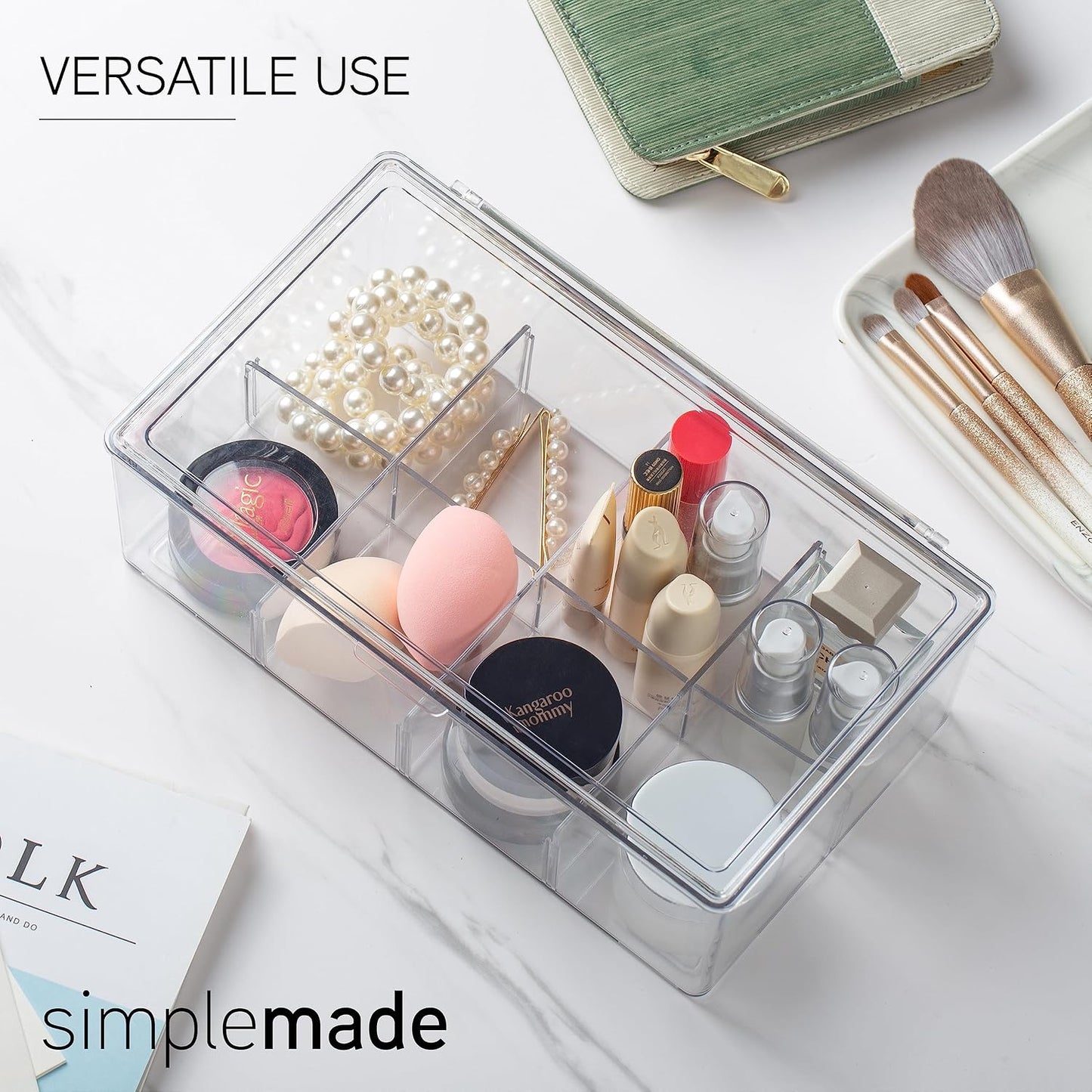 SIMPLEMADE 2 Pk Clear Tea Bag Organizer - Tea Box Divided Storage Container Box with Hinge Lid for Kitchen Cabinet, Countertop, Pantry, Hold Coffee Pods, Seasoning Packets, Condiments (Set of 2)