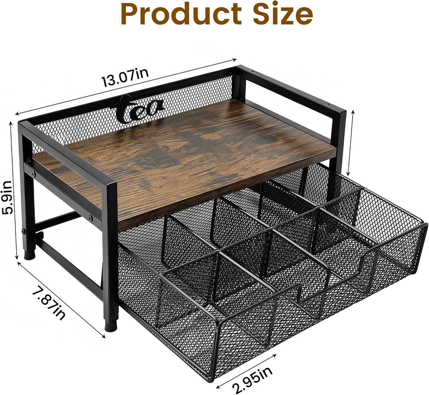 2 Tier Tea Bag Organizer and Storage - 8 Drawer Sliding Tea Box Organizer, Tea Bar Accessories Organizer for Countertop, Bar Station, Kitchen (Rustic Brown)