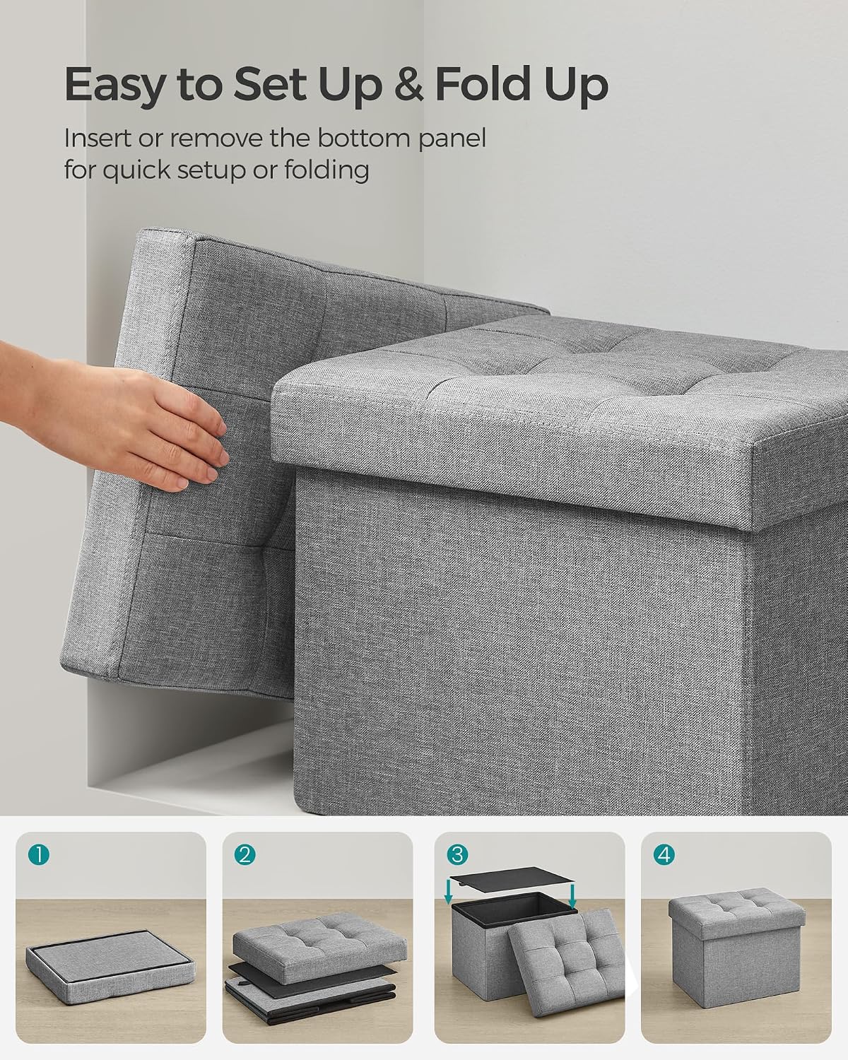 SONGMICS Mazie Collection - Small Folding Storage Ottoman, Foot Rest Stool, 12.2 x 16.1 x 12.2 Inches, 286 lb Load Capacity, for Living Room, Bedroom, Home Office, Dorm, Dark Gray ULSF102G01