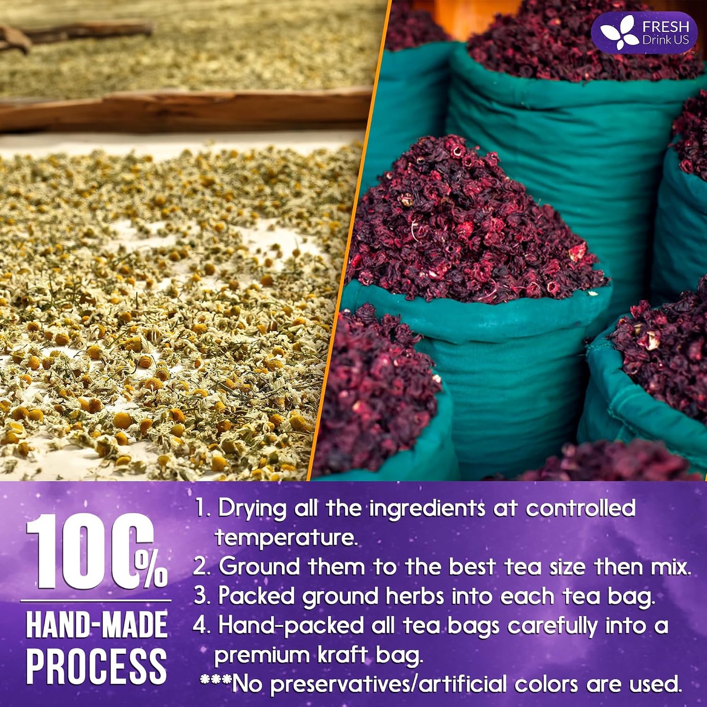 FreshDrinkUS, Premium 150 Lemon Ginger Tea Bags, 100% Natural Ingredients, Hand-made Blend of Lemon and Ginger, Eco-conscious Tea Bags. No Sugar, No Caffeine, Vegan. - Colors A