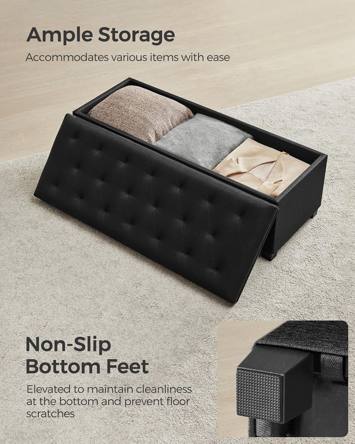 SONGMICS Storage Ottoman Bench, Foot Rest with Legs, 15.7 x 43.3 x 15.7 Inches, End of Bed Bench, Storage Chest, Load up to 660 lb, for Living Room, Bedroom, Entryway, Dark Gray ULSF088G01