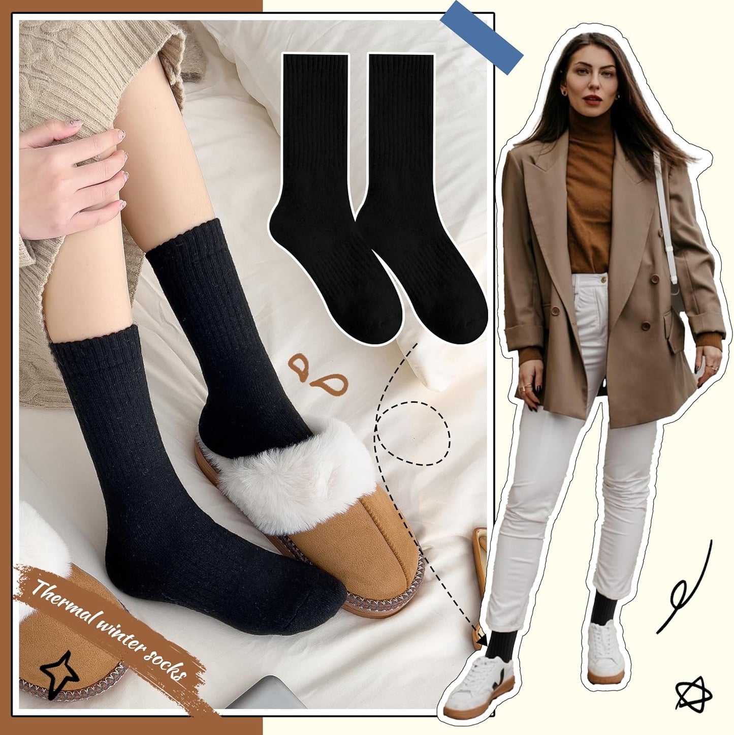 EBMORE 5 Pairs Women Merino Wool Boot Socks Warm Thermal Winter Thick Hiking Cozy Cabin Crew Comfy Socks for Ladies