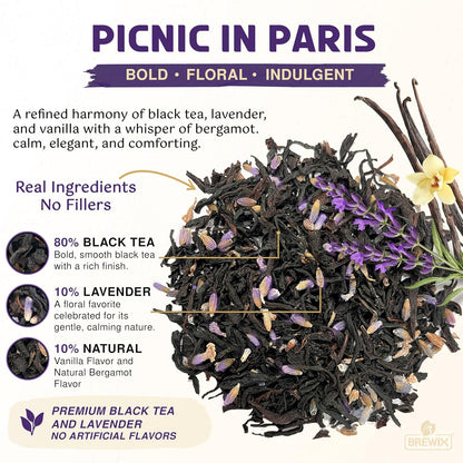 BREWIX Earl Grey Lavender Loose Leaf Tea (50+ Cups, 3.53oz/100g) | London Fog Black Tea with Bergamot & Vanilla | Make a Lavender Tea Latte, Hot or Iced | Calming, Aromatic Gourmet Picnic in Paris Blend