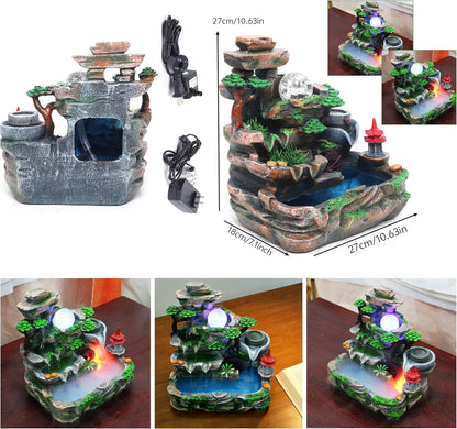 Mini Artificial Bonsai Tree Waterfall Fog Feature Rock Tabletop Fountain | 11in Desktop Decor Waterfall Fountain W/ Water Pump& Atomizer&LED Lights &Fake Tree Office Bedroom Relax