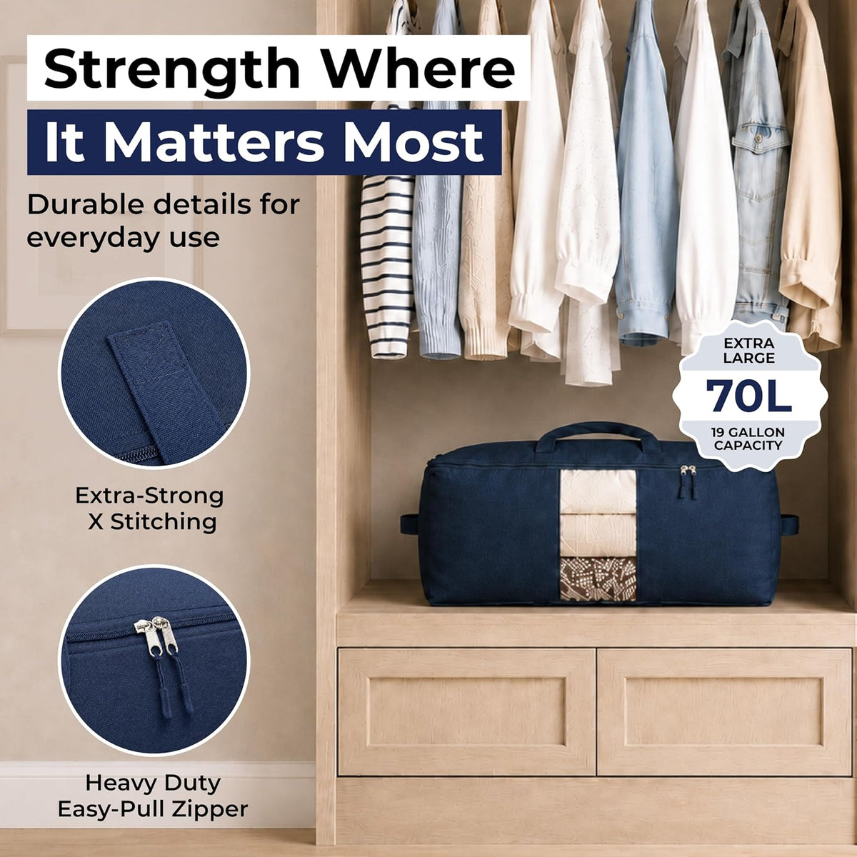 Soft Canvas Storage Bags with Zipper. Thick Breathable, 2pc King/Queen Comforter Organizer. Four Carrying Handles and Window. Large 25x19x9in Bag for Sheets Blankets Bedding Pillows, Clothes