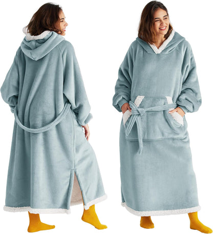Bedsure Wearable Blanket Hoodie, Long Hooded Blanket Sweatshirt as Mothers Birthday Gifts for Women, Cozy Sherpa Hoodie for Adult, Standard, Grey