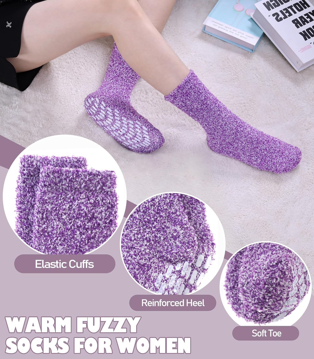 LINEMIN Non-Slip Fuzzy Socks for Women - Cozy Hospital Soft Fluffy Socks With Grips - Winter Warm Slipper