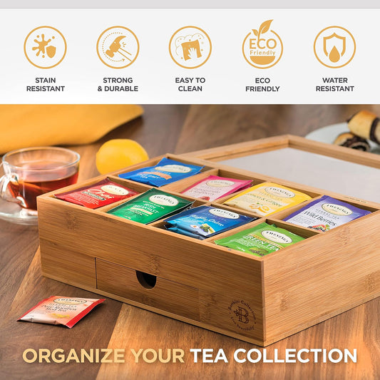 Tea Bag Organizer with Drawer - Bamboo Tea Box Organizer, 8-Compartment Tea Storage Box with Acrylic Lid and Magnetic Closure, Tea Box for Kitchen Counter, Gifts for Mom, Wife, Tea Lovers (White)