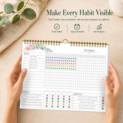Habit Tracker Calendar Undated for Daily, Weekly & Monthly, 8" x 10" (Pink)