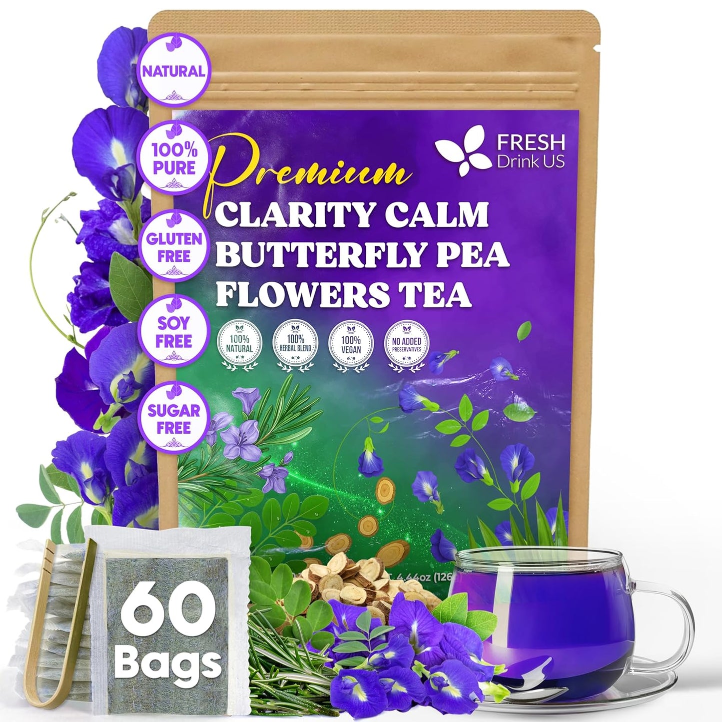 FreshDrinkUS, Premium 60 Chamomile Lavender Tea Bags, Calming Herbal Blend Strong Support for Relaxation & Better Sleep | Naturally Caffeine-Free Bedtime Tea with Soothing Floral Aroma, 100% Natural, Hand-made No Sugar/ Caffeine/ Gluten, Vegan - Colors B