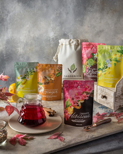 Gardenika Organic Loose Leaf Tea Sampler - Herbal Caffeine-Free Set - Ayurvedic Blend, KSA Kosher, No Natural or Artificial Flavors (5 Pack)