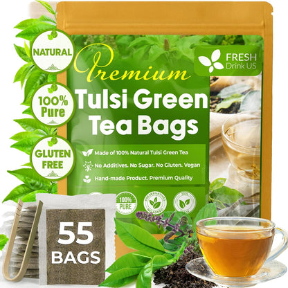 FreshDrinkUS, Premium 55 Tulsi Green Tea Bags, 100% Natural & Pure, Herbal Tea, No Sugar, No Caffeine, No Gluten, Vegan.