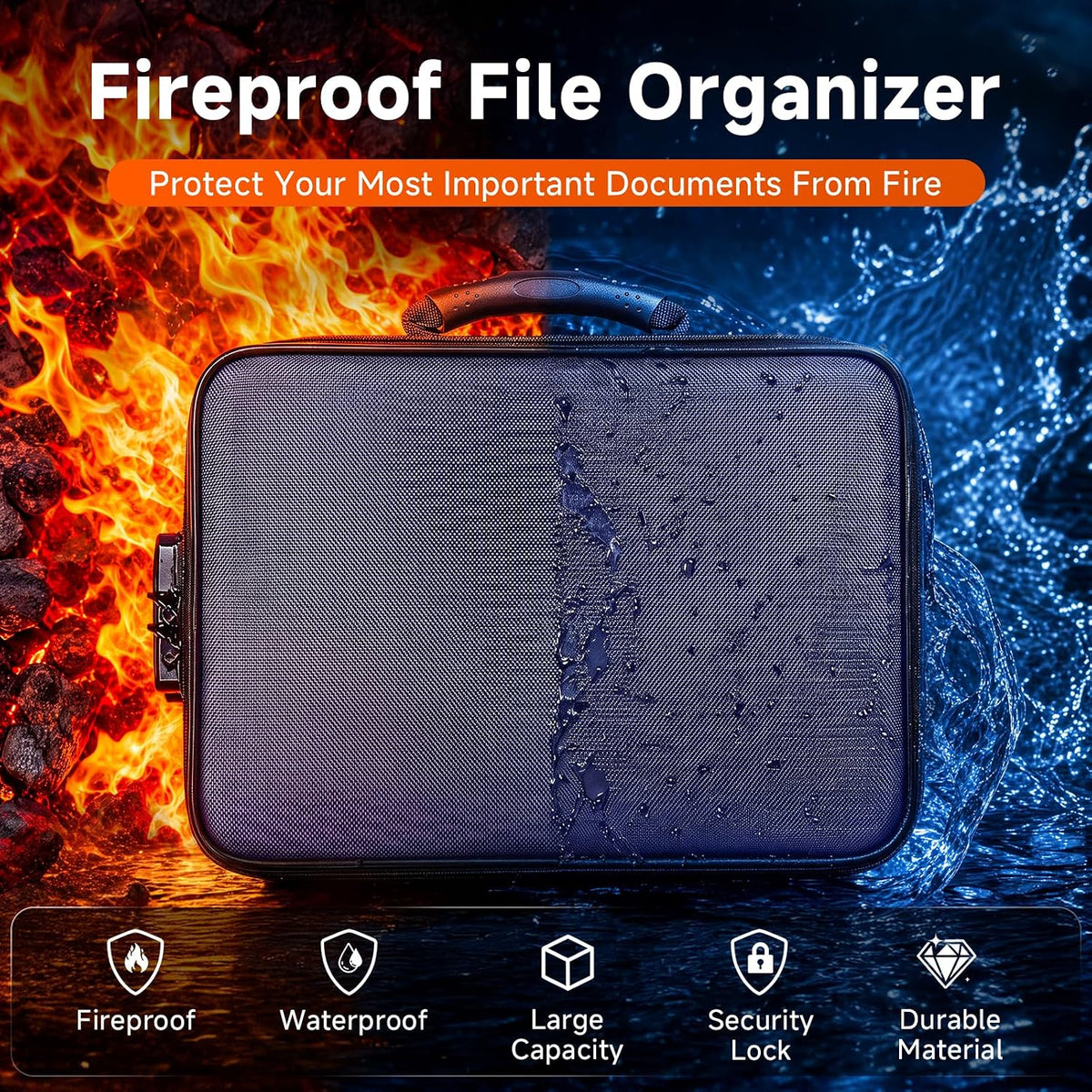 Fireproof Document Box With Lock, 16 Pocket Document Organizer