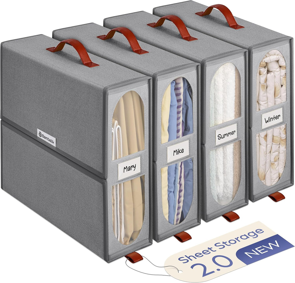 4x Bed Sheet Organizer Storage Boxes with Big See-Through Windows - Bedsheet Organizers Redesigned. Robust Bed Sheet Storage -15x13x5 in. Sheet Organizers Containers (Off-White)