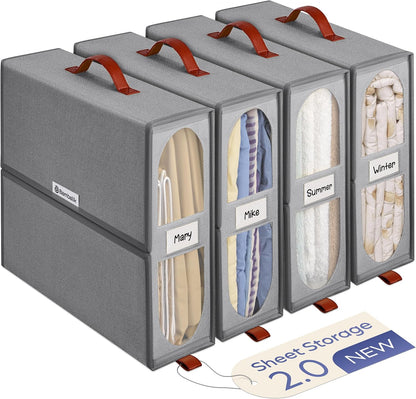 4x Bed Sheet Organizer Storage Boxes with Big See-Through Windows - Bedsheet Organizers Redesigned. Robust Bed Sheet Storage -15x13x5 in. Sheet Organizers Containers (Off-White)