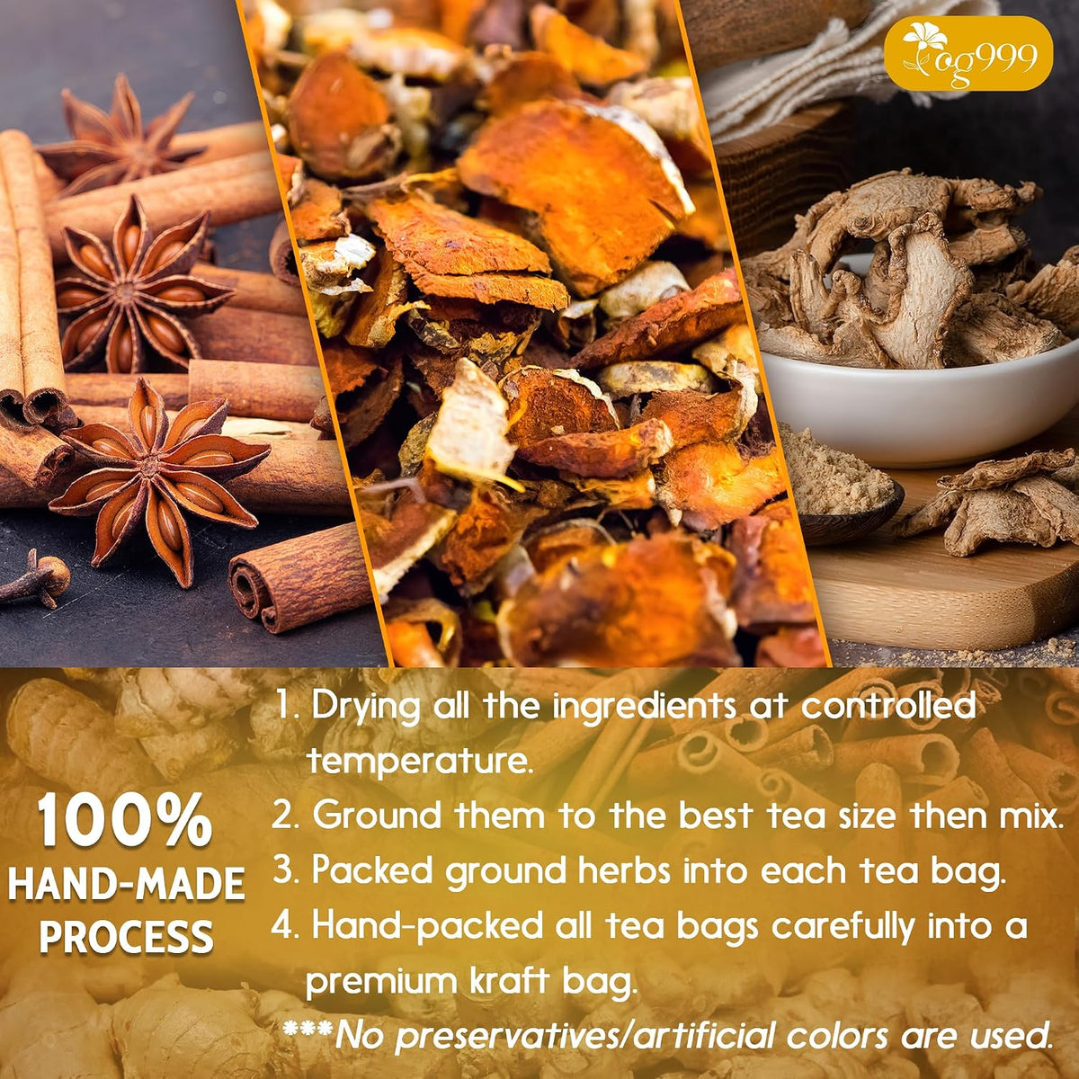 TOG999, 30 Bags Premium Turmeric Ginger Cinnamon Tea, Improve Digestion, Support Brain, Weight, Skin and Sleep, Eco-Conscious Tea Bags and Premium Natural Ingredients. Turmeric Ginger Herbal Tea. No Sugar, No Caffeine, No Gluten, Vegan.