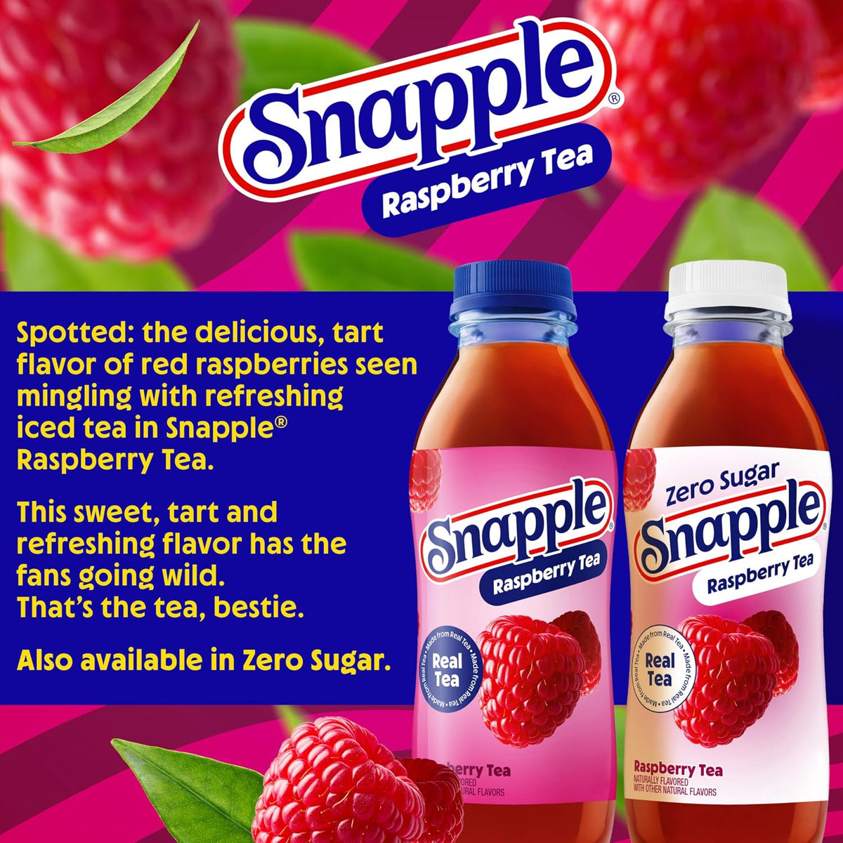 Snapple Zero Sugar Raspberry Tea, 16 fl oz recycled plastic bottle, Pack of 12
