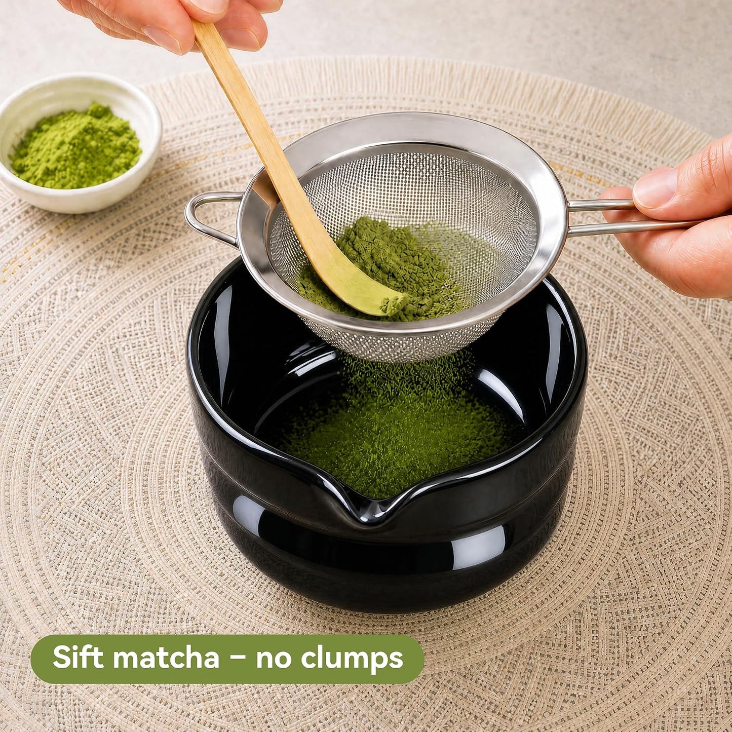 Matcha Whisk Set with Ceramic Bowl - Complete Matcha Making Kit, Bamboo Whisk (Chasen), Whisk Holder, Matcha Powder Sifter, Scoop, Japanese Tea Ceremony Tools（Green）