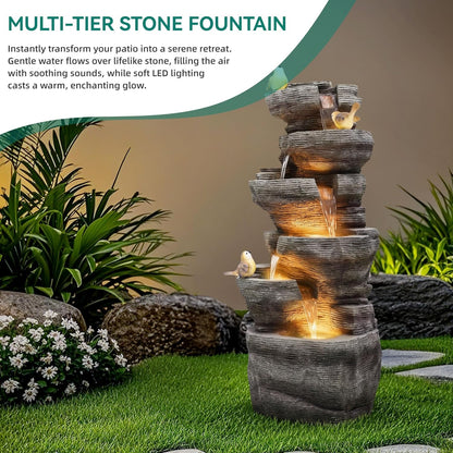 19.5" H 4-Tier Indoor & Outdoor Water Fountain with LED Lights | Resin Pebble Textured Tabletop Cascading Water Feature, Relaxing Decor for Patio, Porch, Deck, Yard & Home