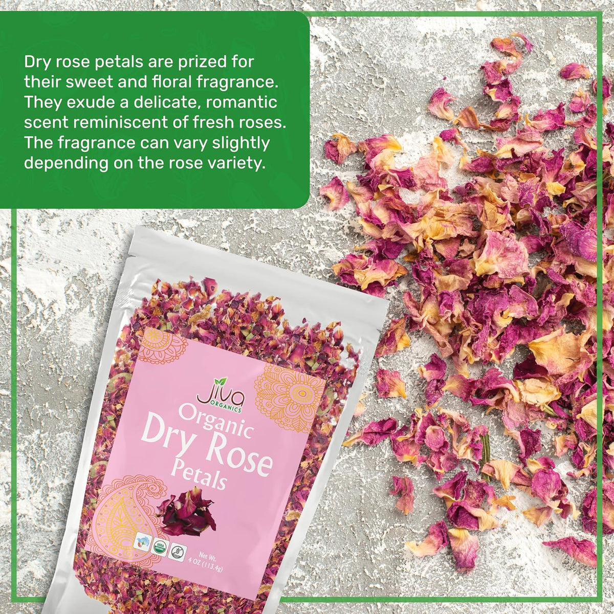 Jiva Organics Dried Red Rose Petals 4 Oz Bag - Non-GMO, USDA Organic, Food Grade, Edible Flowers - Use in Tea, Baking, Making Rose Water, Crafting, Wedding Confetti