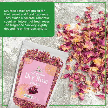 Jiva Organics Dried Red Rose Petals 4 Oz Bag - Non-GMO, USDA Organic, Food Grade, Edible Flowers - Use in Tea, Baking, Making Rose Water, Crafting, Wedding Confetti