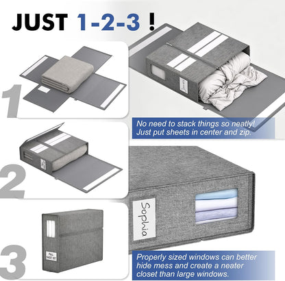 Furnhome Bed Sheet Organizers and Storage, Foldable Linen Closet Organizer Box with Clear Window, Labels & Reinforced Handles, Stackable Space Saving Bedding Storage for King Queen Sheet Set