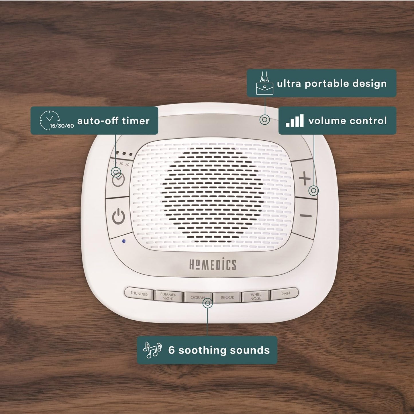 Homedics SoundSleep Rejuvenate White Noise Sleep Machine, Small Travel Sound Machine with 6 Relaxing Nature Sounds, Portable Sound Therapy for Home, Office, Nursery, Auto-Off Timer, By Homedics