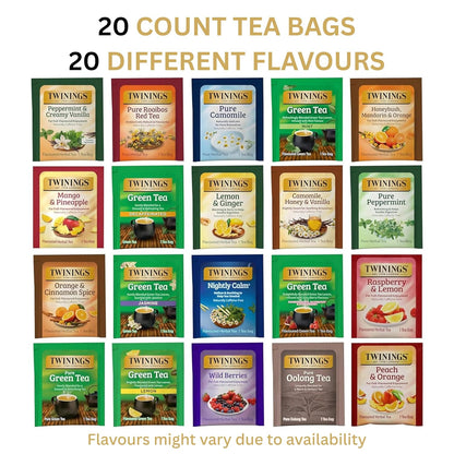 Twinings Herbal and Green Tea Bag Sampler, Assortment Variety Pack (20 Count) 20 Different Flavours for Tea Lovers: Her, Him, Women, Men, Couples, Family, Friends, Coworkers
