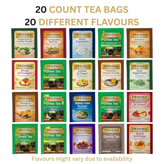 Twinings Herbal and Green Tea Bag Sampler, Assortment Variety Pack (20 Count) 20 Different Flavours for Tea Lovers: Her, Him, Women, Men, Couples, Family, Friends, Coworkers