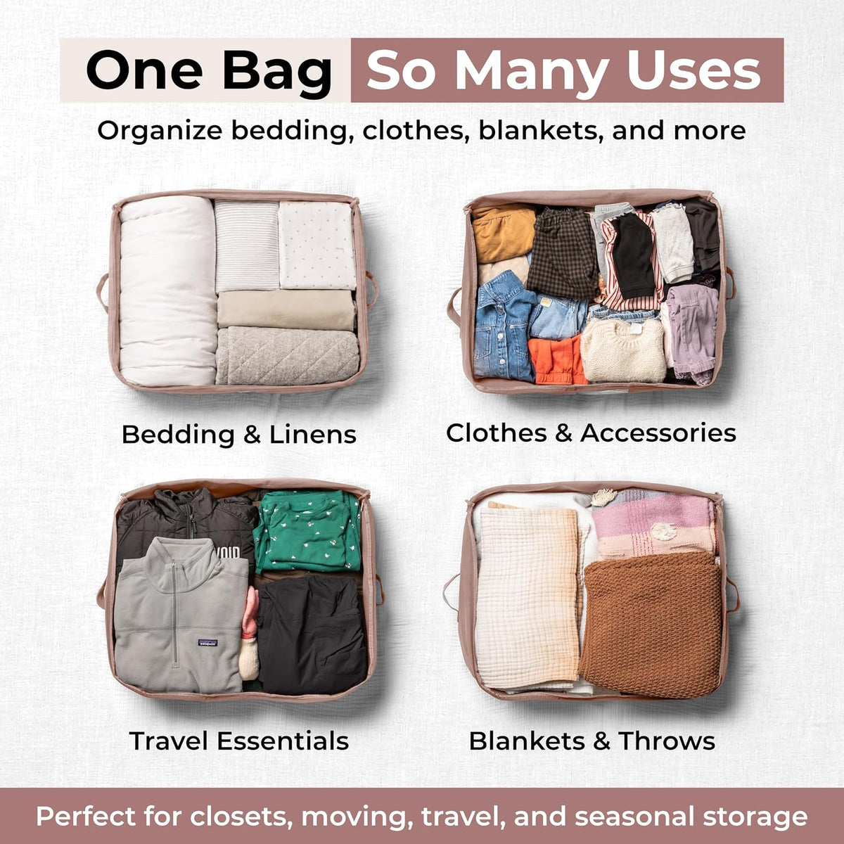Soft Canvas Storage Bags with Zipper. Thick Breathable, 2pc King/Queen Comforter Organizer. Four Carrying Handles and Window. Large 25x19x9in Bag for Sheets Blankets Bedding Pillows, Clothes