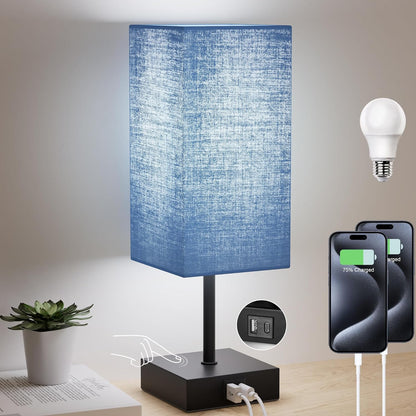 Table Lamp for Bedroom, 3 Way Dimmable Touch Bedside Lamp, Small Lamp with 2 USB C+A Charging Ports, Black Nightstand Lamps for End Table, Living Room, Desk, Bulb Included