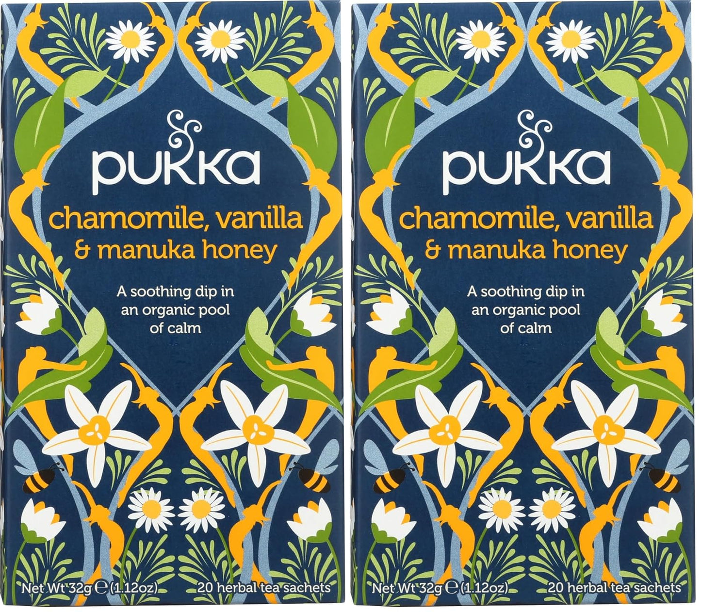 Pukka Calming Chamomile, Vanilla & Manuka Honey Organic Herbal Tea, Soothing Organic Tea Infusion Selection, Honey & Fennel Blend, Caffeine Free, 80 Total Bags (20ct - Pack of 4)