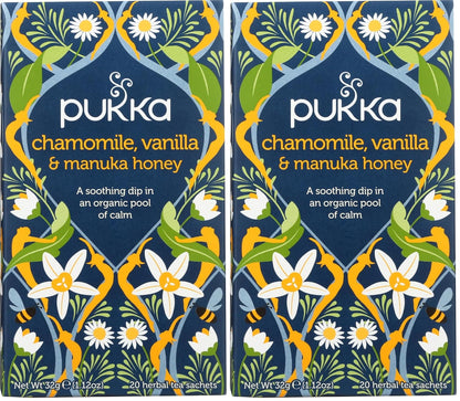 Pukka Calming Chamomile, Vanilla & Manuka Honey Organic Herbal Tea, Soothing Organic Tea Infusion Selection, Honey & Fennel Blend, Caffeine Free, 80 Total Bags (20ct - Pack of 4)