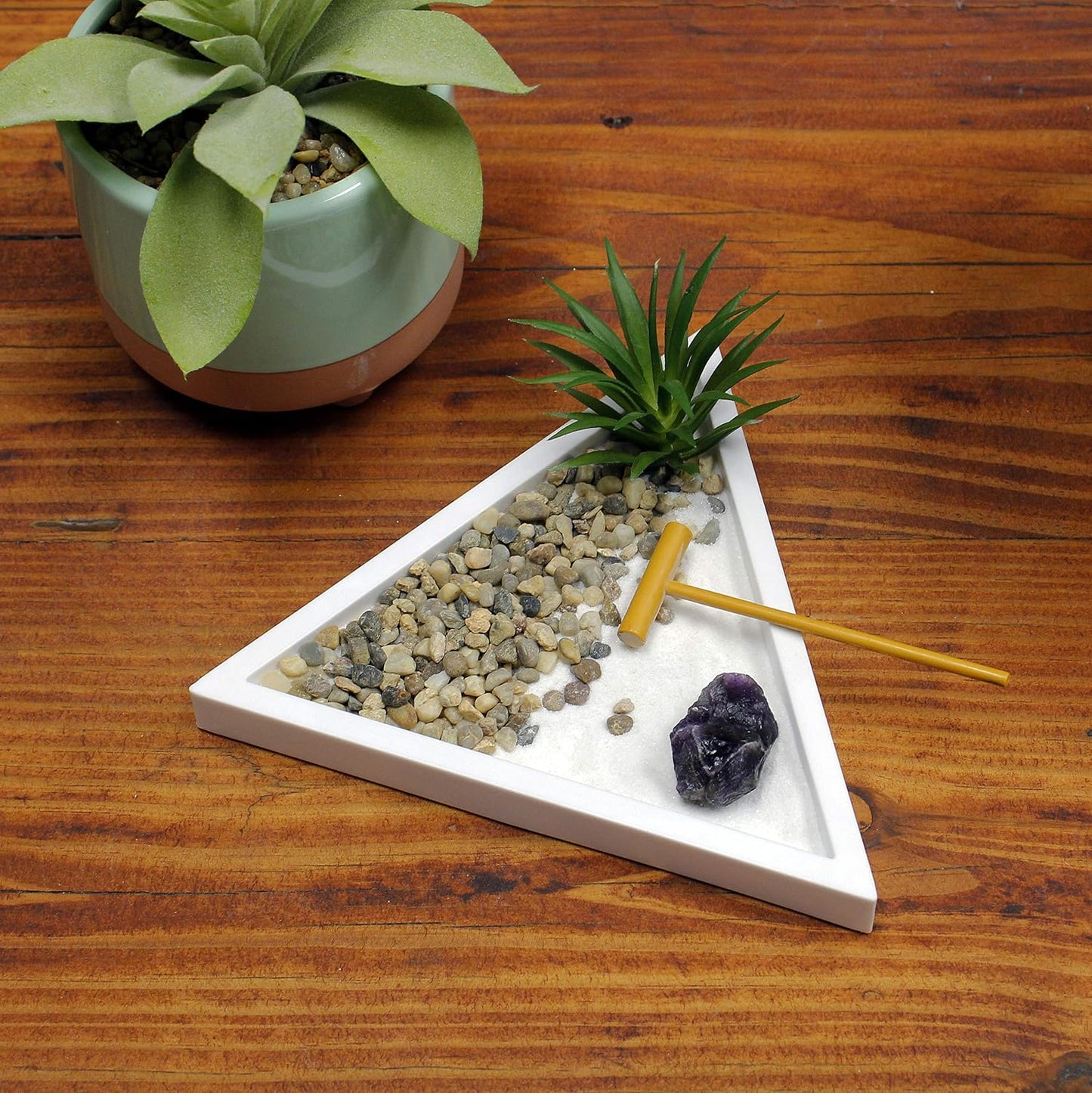 Nature's Mark Mini Zen Garden Kit for Desk with White Sand, Rake, White Base, Salt Rock and Air Plant (Round)