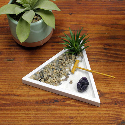 Nature's Mark Mini Zen Garden Kit for Desk with White Sand, Rake, White Base, Salt Rock and Air Plant (Round)
