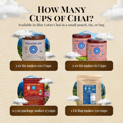 Blue Lotus Chai - Traditional Masala Chai - Makes 100 Cups - 3 Ounce Masala Spiced Chai Powder with Organic Spices - Instant Indian Tea No Steeping - No Gluten