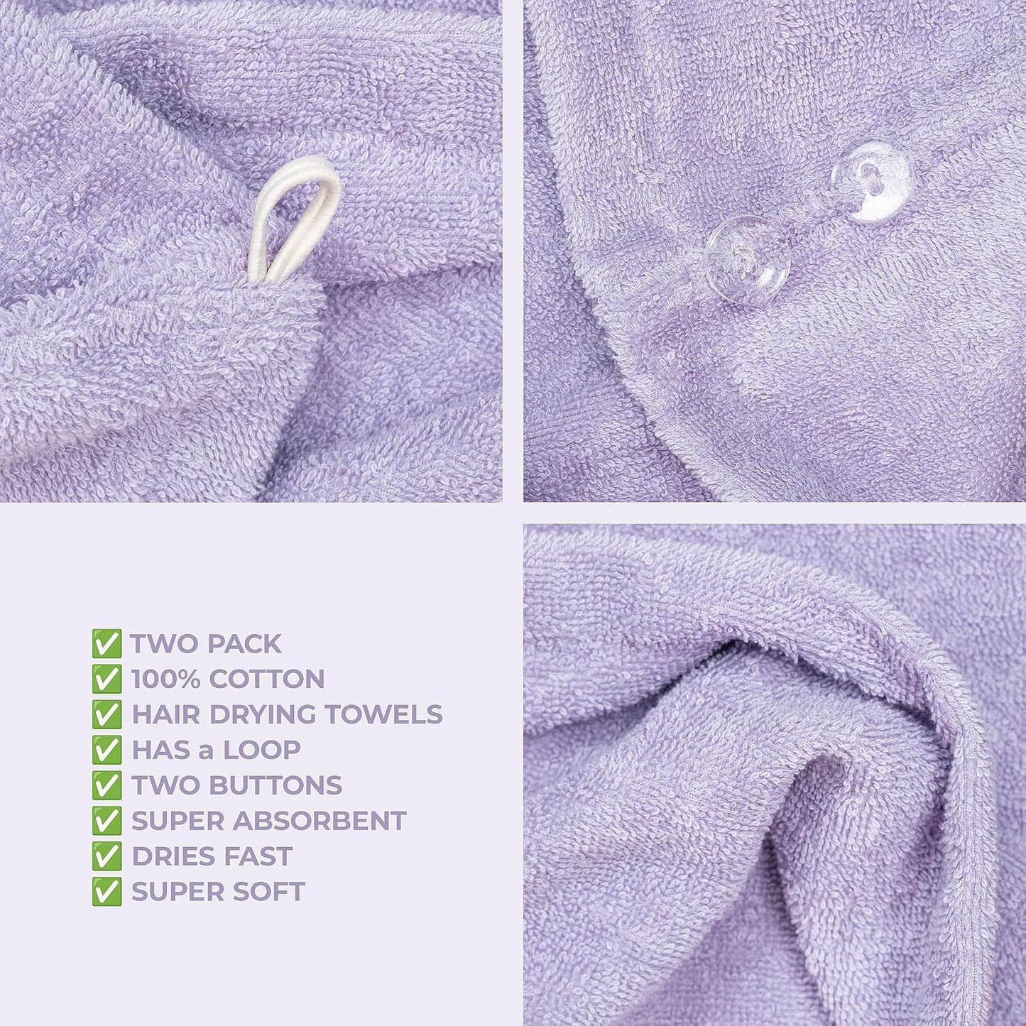 American Soft Linen 100% Cotton Hair Towels for Women, Head Towel Cap, Cotton Hair Turban Towel Wrap for Long Curly Anti Frizz Hair, Soft and Absorbent Cotton Hair Towels 2 Pack, White