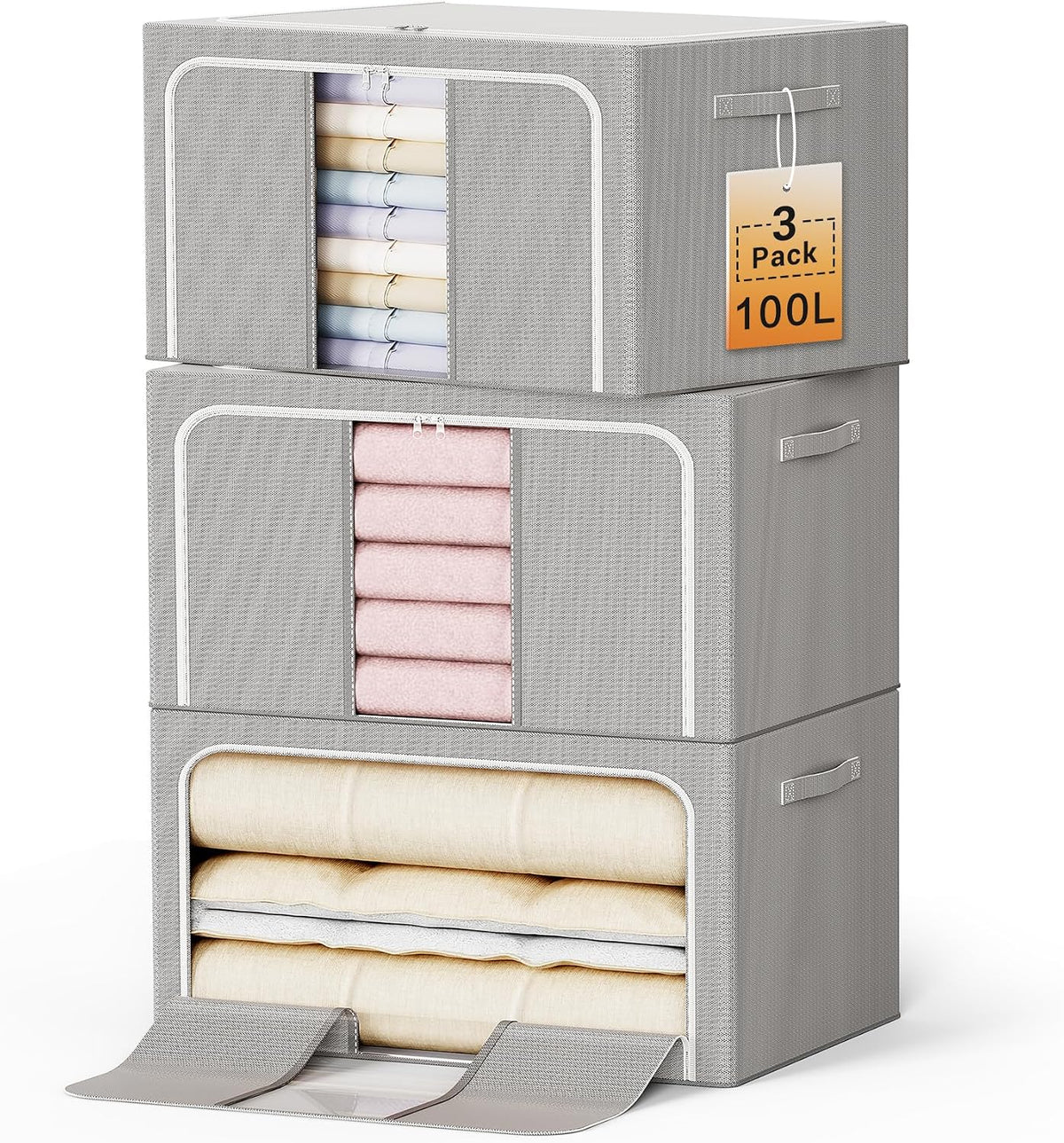 Clothes Storage Bins with Metal Frame Foldable Storage Box Clothes Organizers Storage Containers for Clothes Sheets Blankets Books Toys Gifts and Holiday Decorations (66Lx3 Pack)